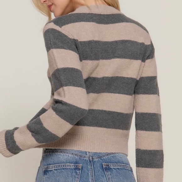 Active Basic Charcoal Grey & Tan Striped Long Sleeve Crew Neck Sweater - Picture 2 of 4